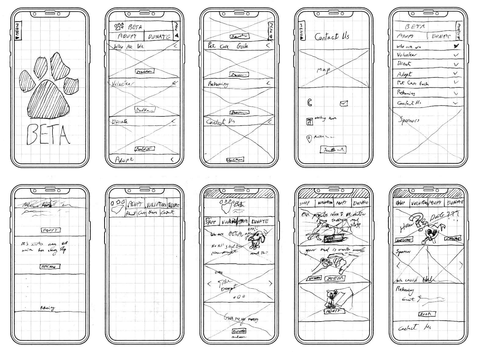 A series of preliminary wireframes drawn by hand that were part of the UX design development phase