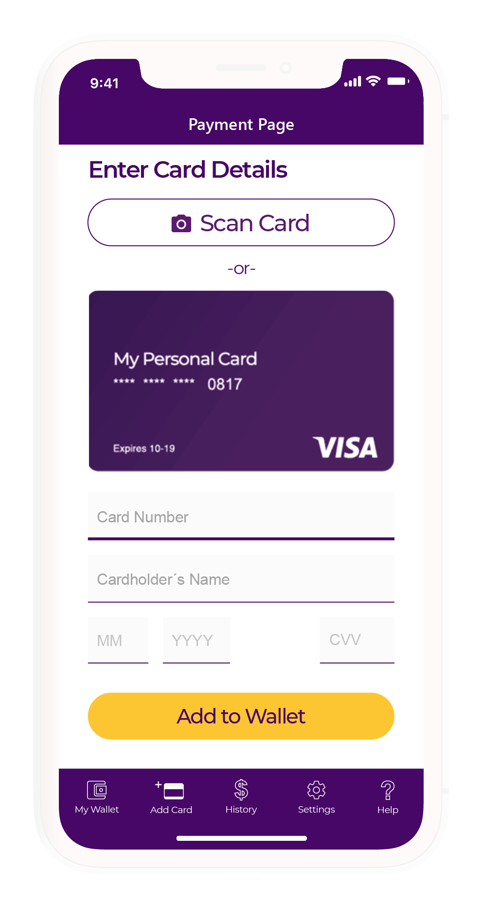 The UI design of the card data entry form displaying options for manual and automatic data entry