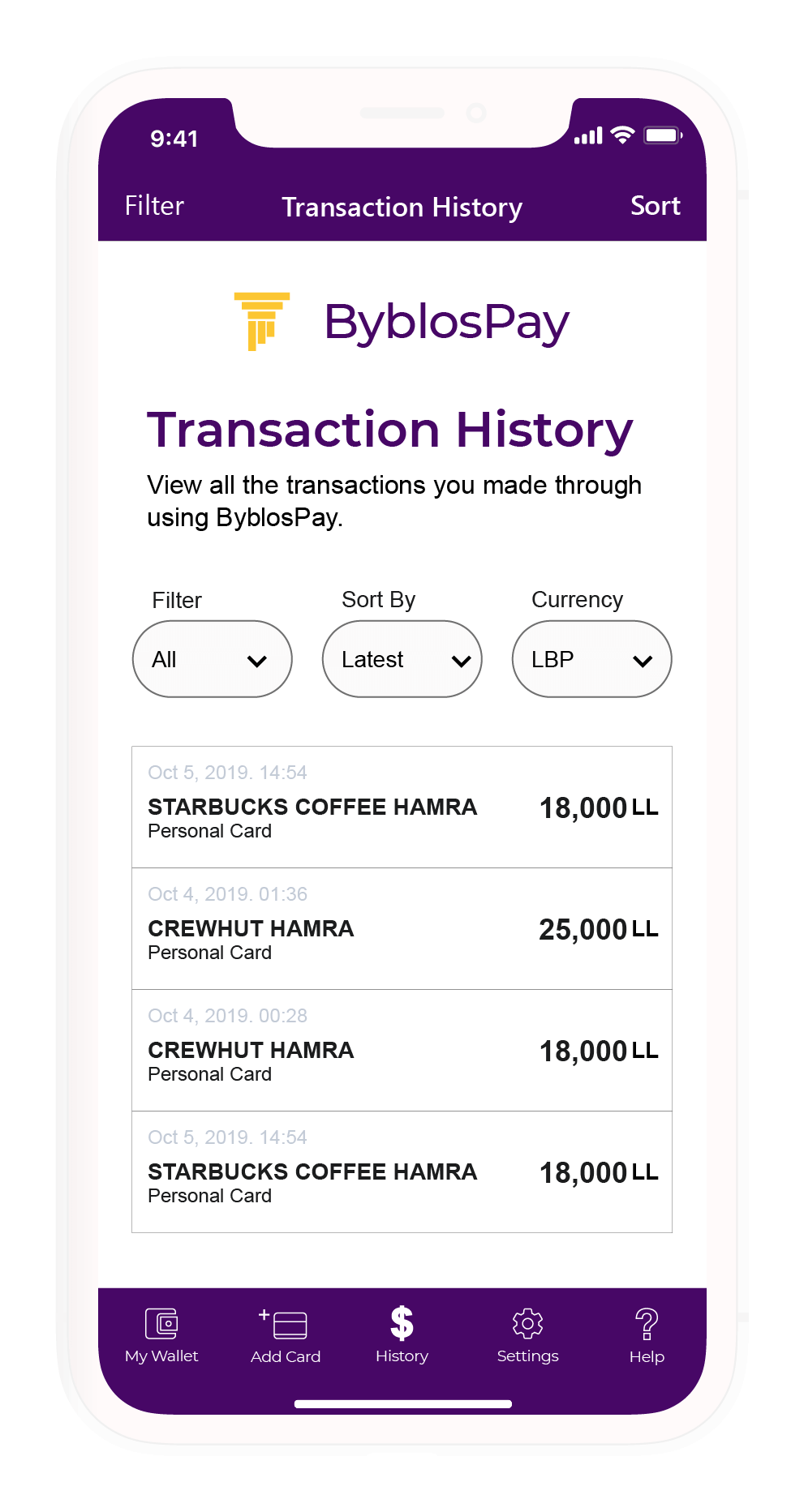 The UI design of the transaction history page showing recent purchases using the app