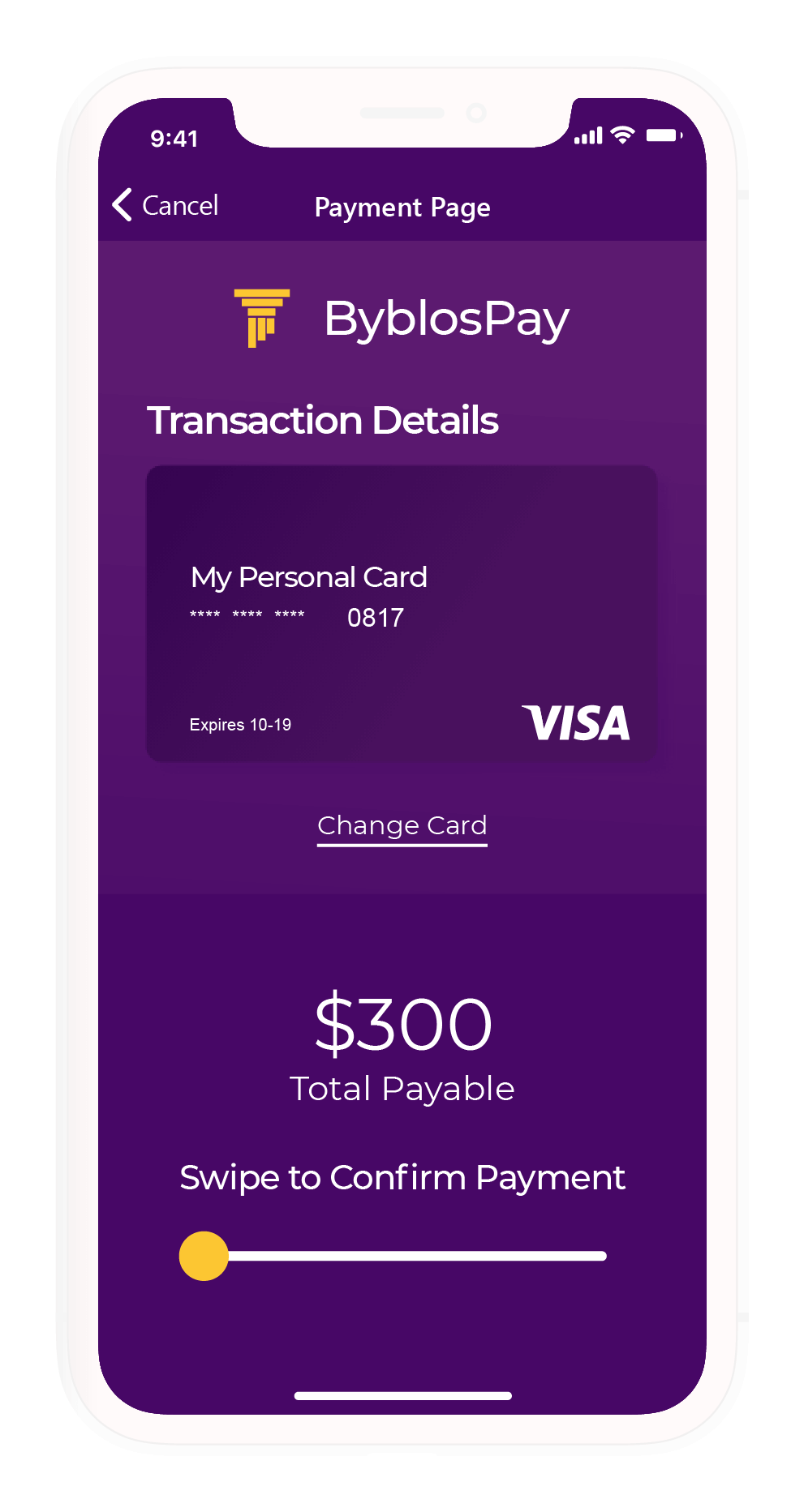 The UI design of the payment confirmation screen showing the slider element that is used to swipe-confirm a transaction