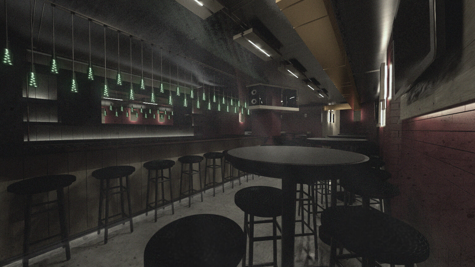 Rendered view from the Interior of the pub showing the furniture, lighting, bar, and architectural layout design