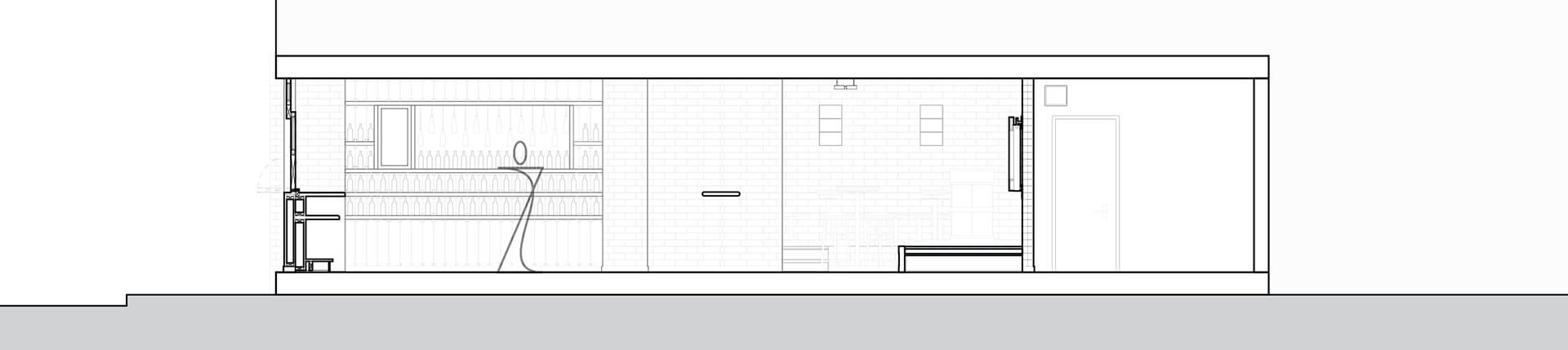 Detailed Architectural Section showing the pub's design cutting behind the bar, and cutting through the stage