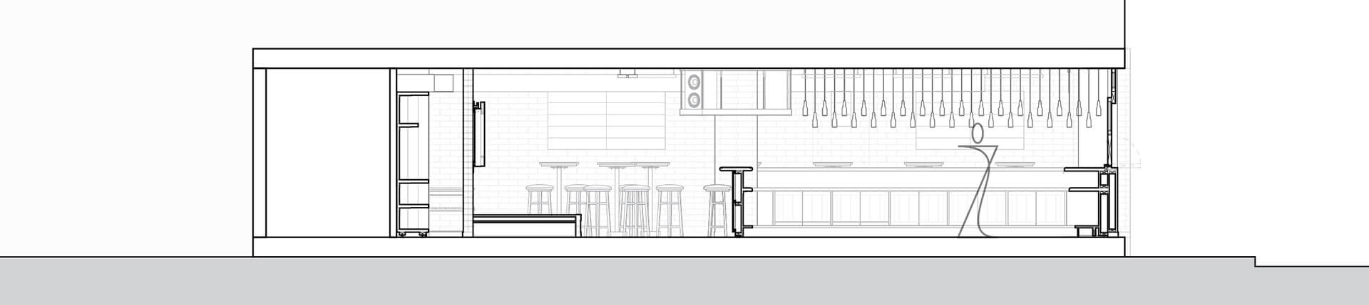 Detailed Architectural Section showing the pub's design cutting through the bar, and cutting through the stage