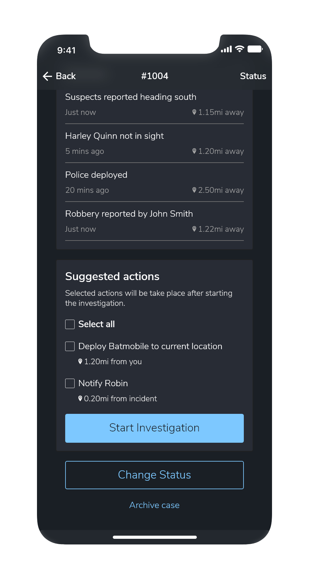 Screenshot of the situation report with a section with suggested actions Bruce could take.