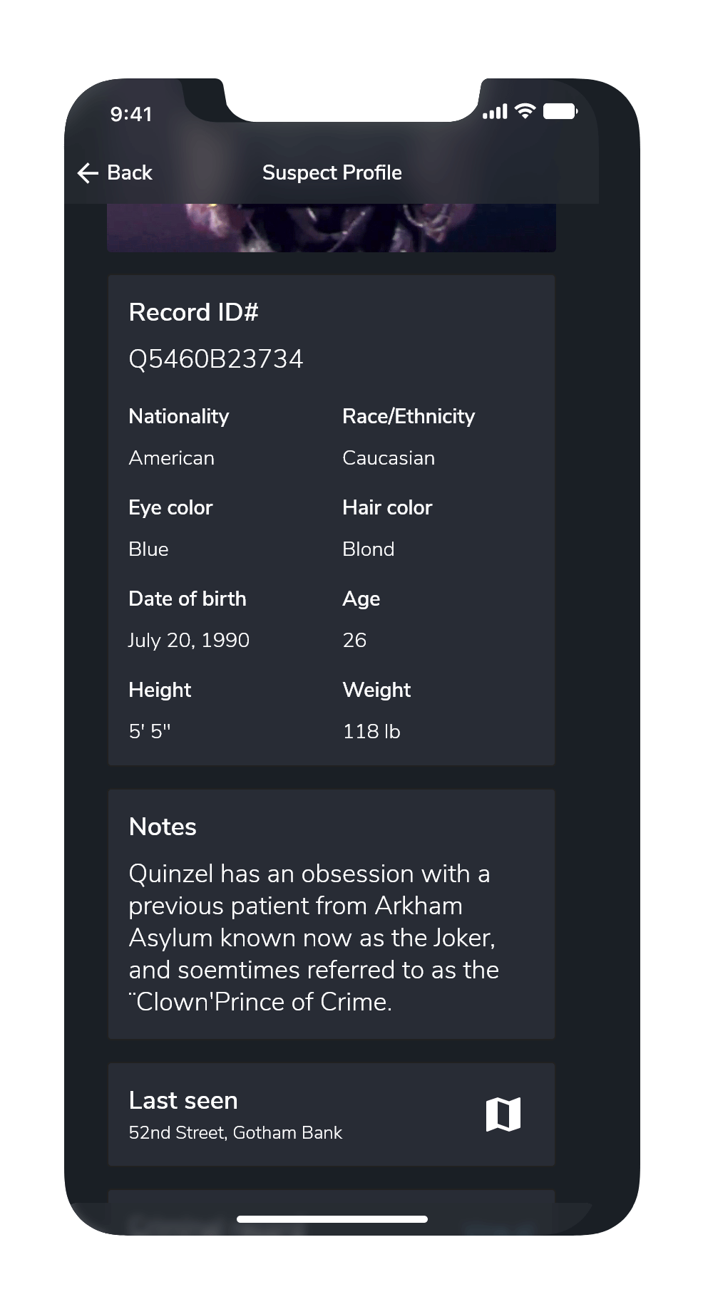 Screenshot of a suspect's criminal record, with notes and their last known location.