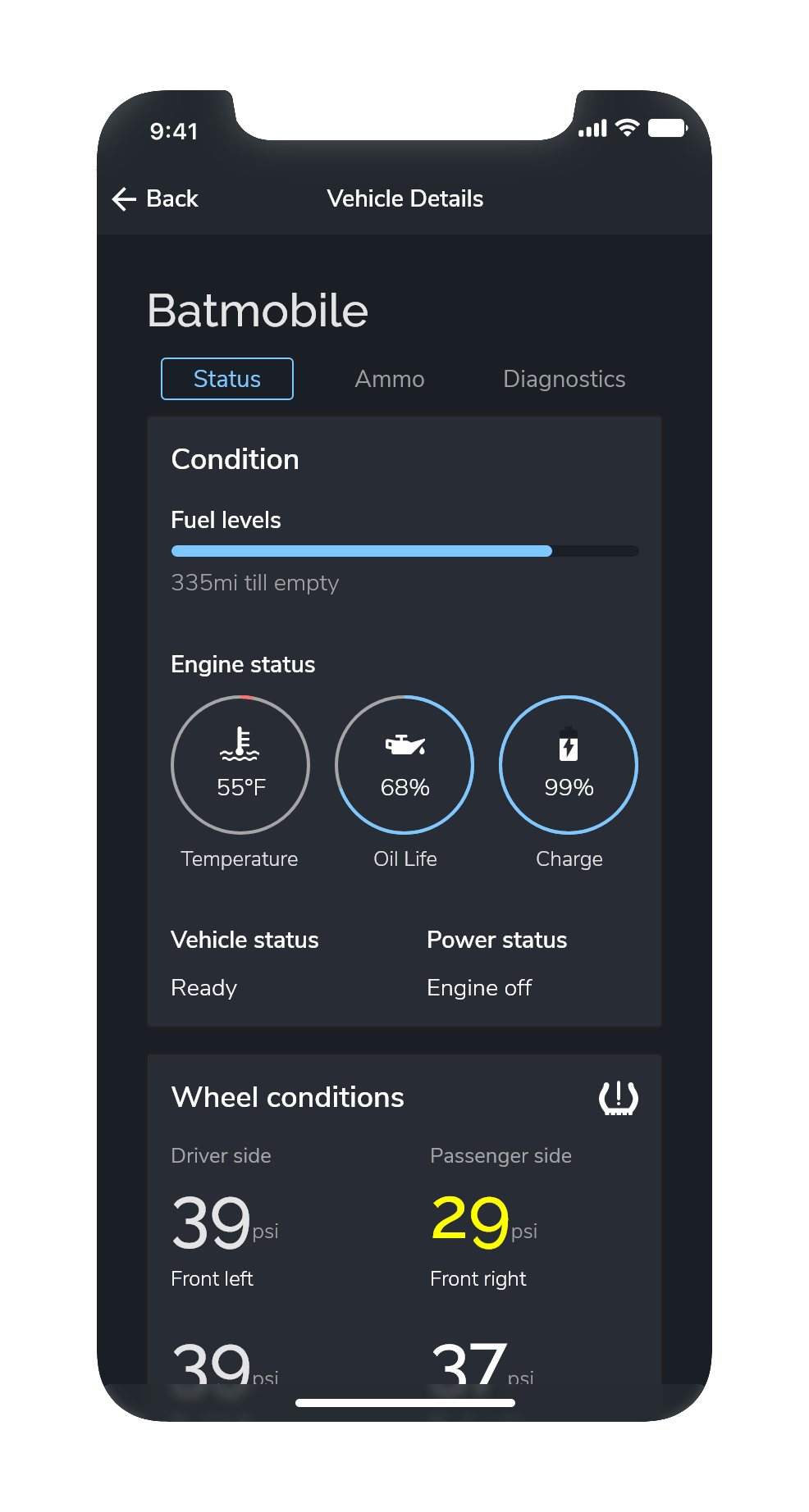 Screenshot of the UI showing the status of a selected vehicle