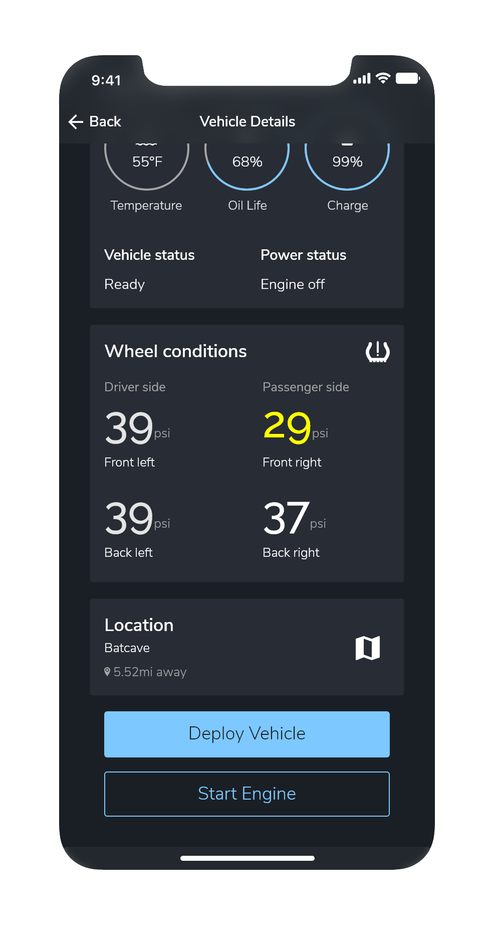 Screenshot showing the selected vehicle and the ability to remotely deploy a vehicle.