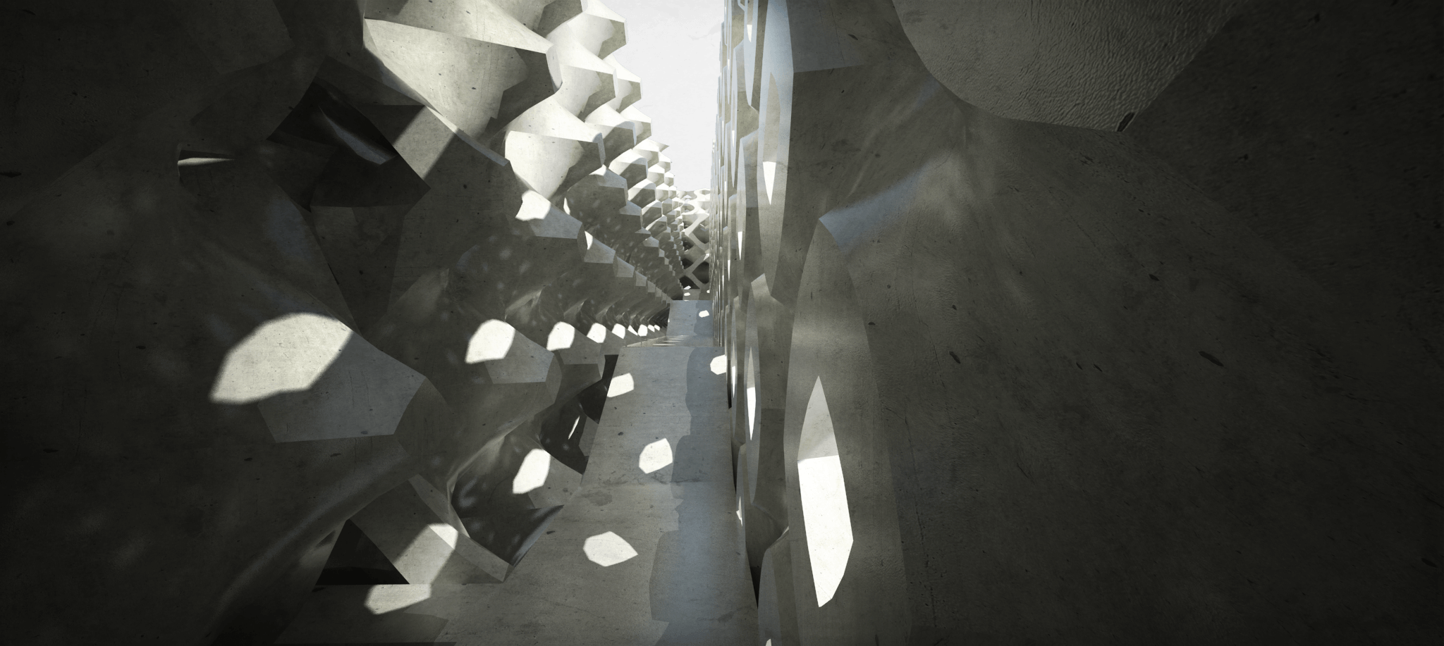 Walkway render of the stacked module showing lighting quality and shadows