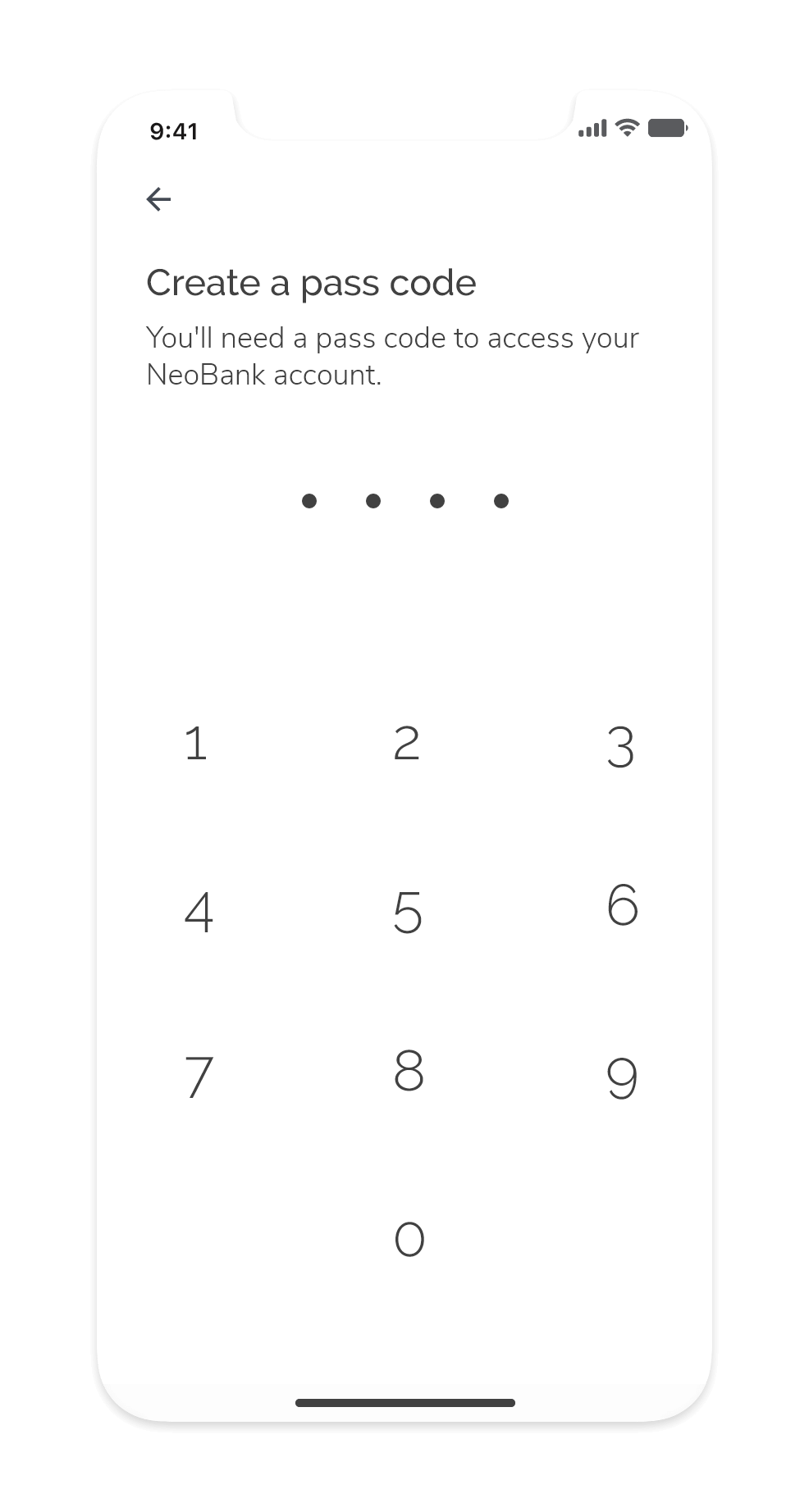 Screenshot of the sign up process prototype in the account creation page where users have to create a passcode to protect their account