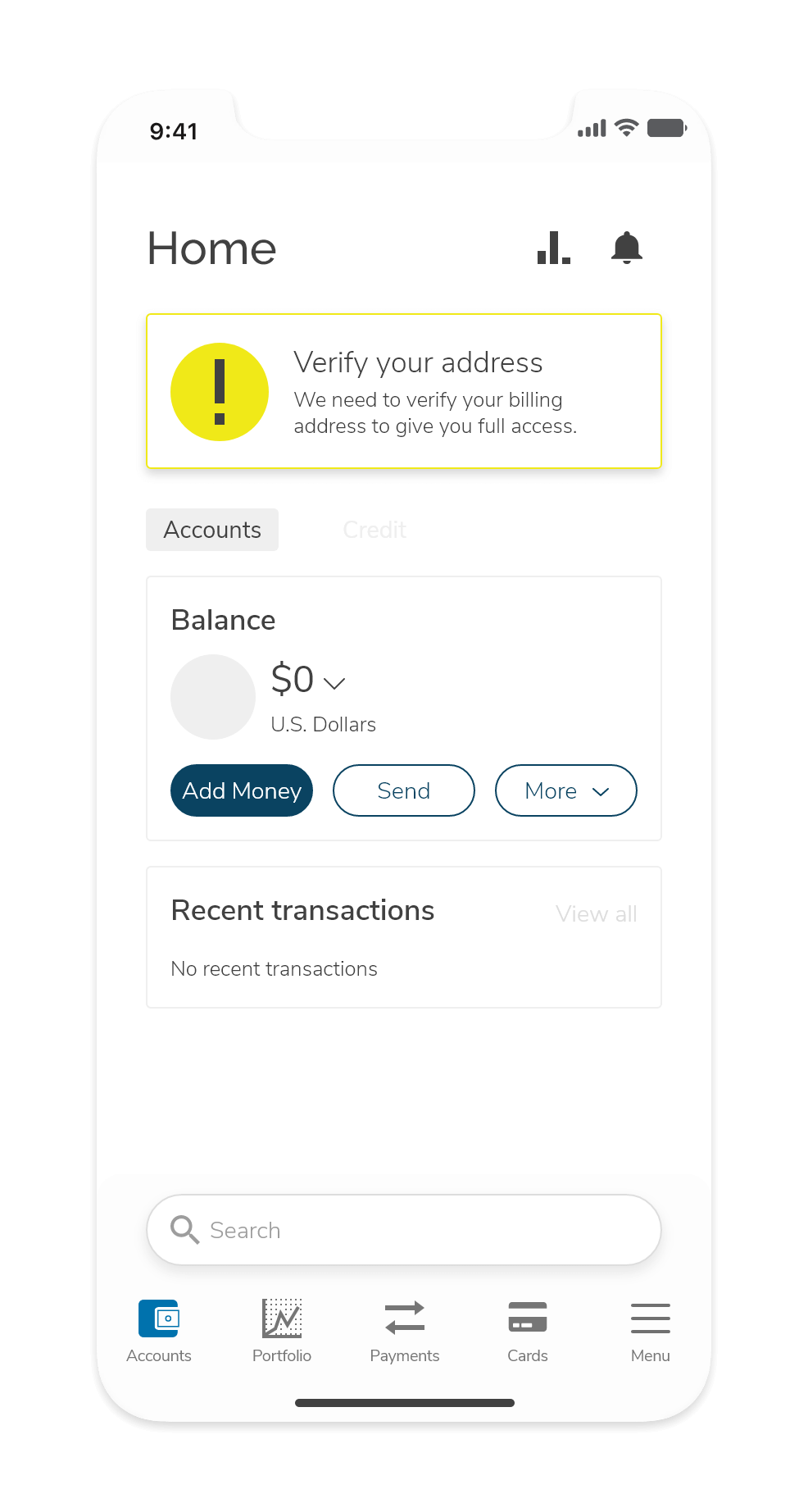 Screenshot of the homepage prototype where a user has yet to be fully validated and is being asked to submit a proof of address