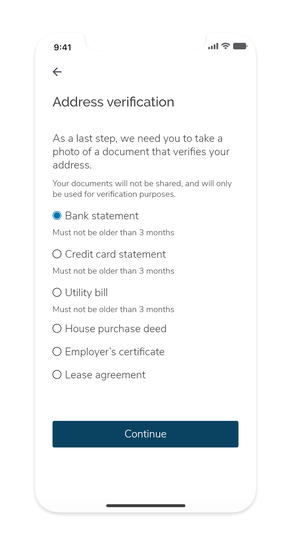 Screenshot of the Proof of Address prototype where users can select the different methods to validate their address