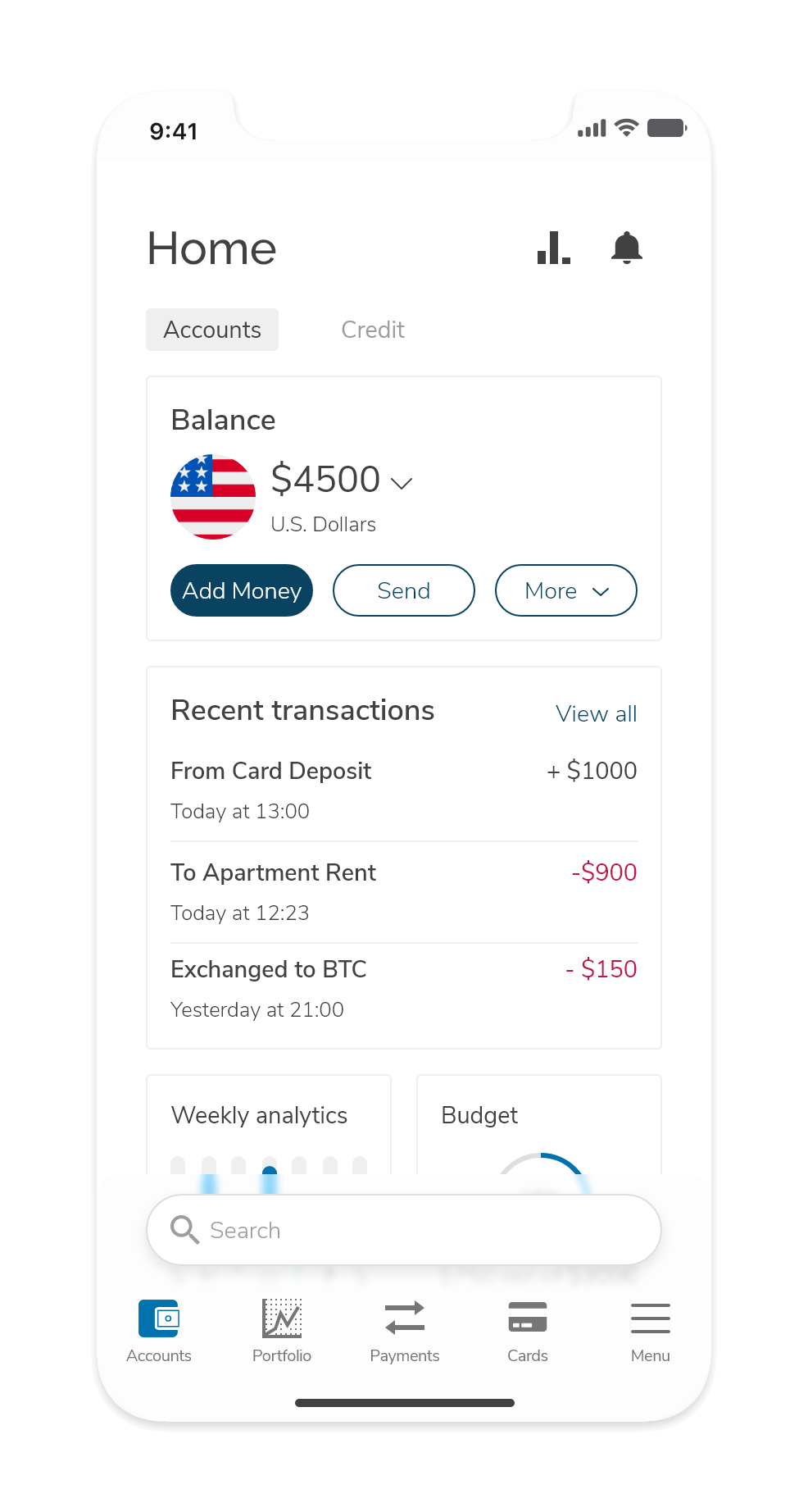 Home page account overview showing an account balance