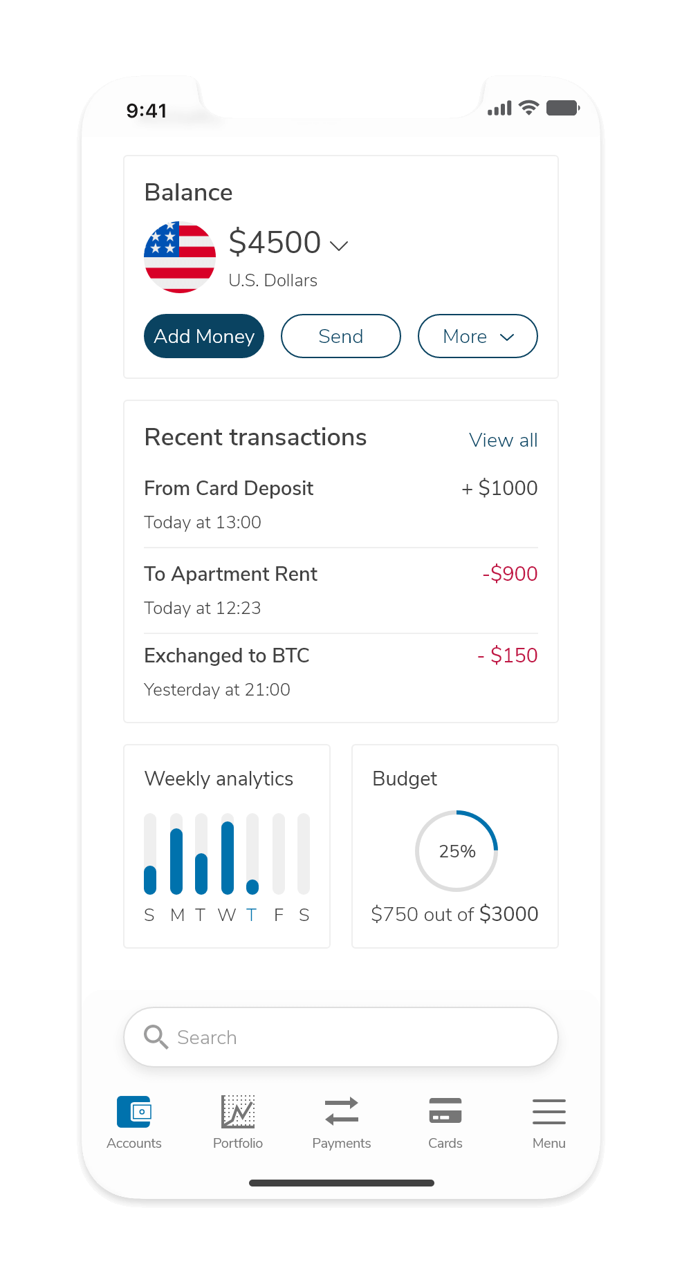 Home page account overview showing an account balance and account analytics such as budget levels and spending habits