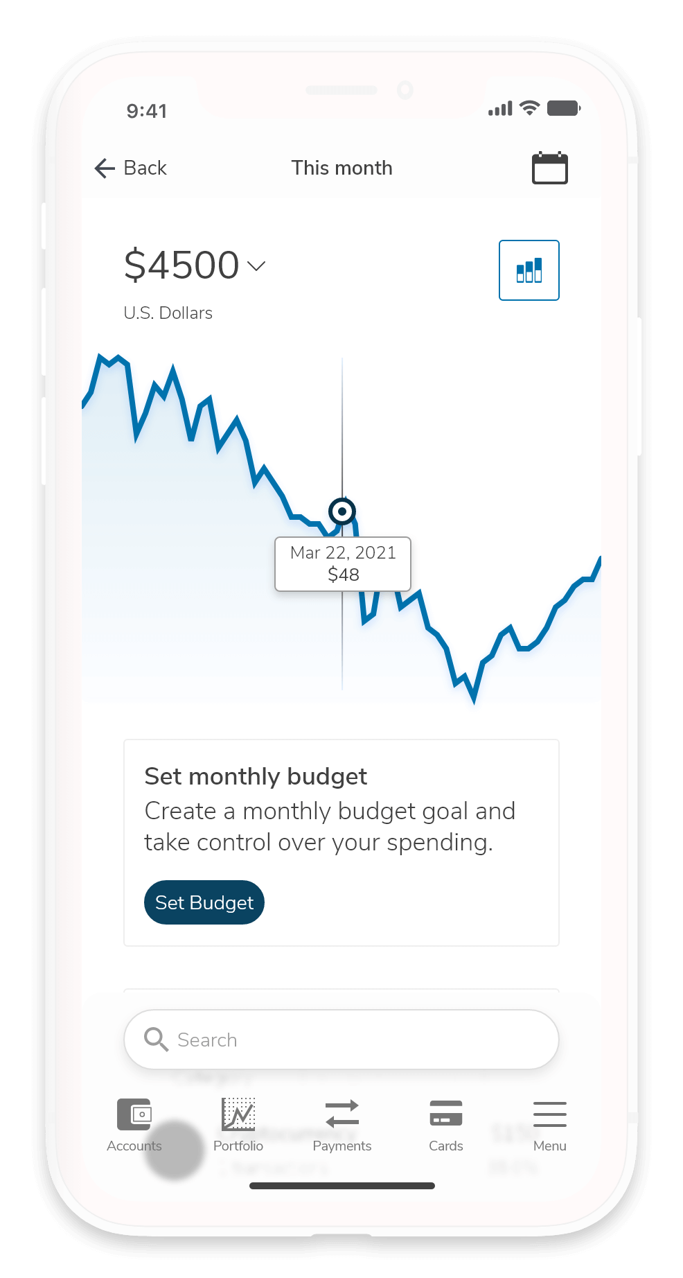 Analyics page showing a visualization of a user's spending habits, and allowing users to set a budget for the month.