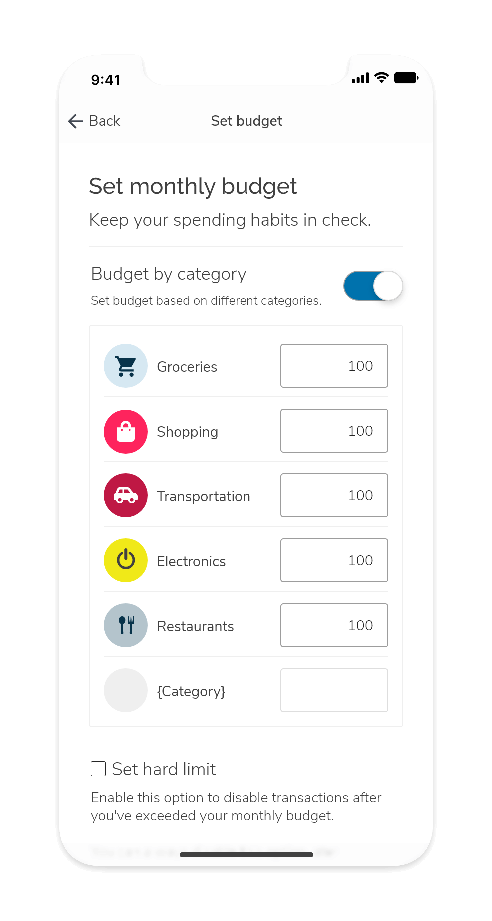 Screenshot of the monthly budget where users can setup a budget based on different expenditure categories