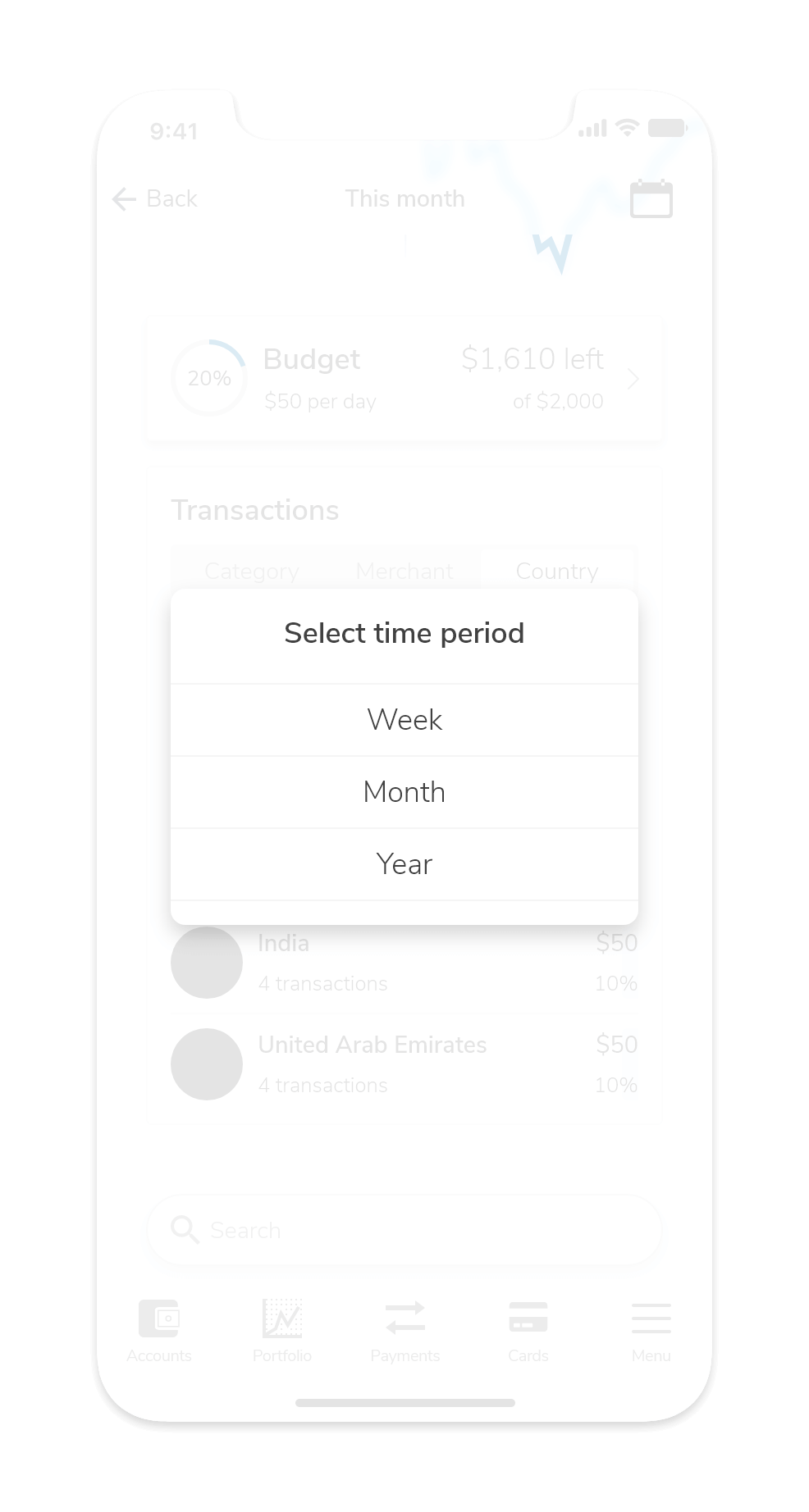 Users can change the period they want to track their transaction where they can monitor weekly, monthly, and yearly habits.