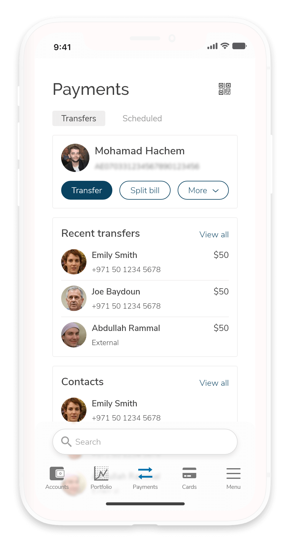 Screenshot of the transfers and payment page showing an overview of recent transfers and available contacts.