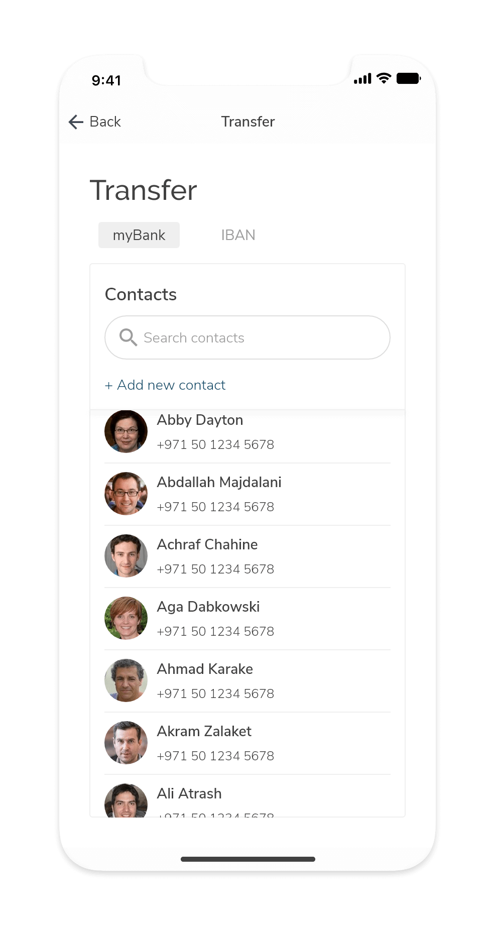 Screenshot of the Send Transfer page's contact list where users can send transfers to contacts using myBank, or through an IBAN