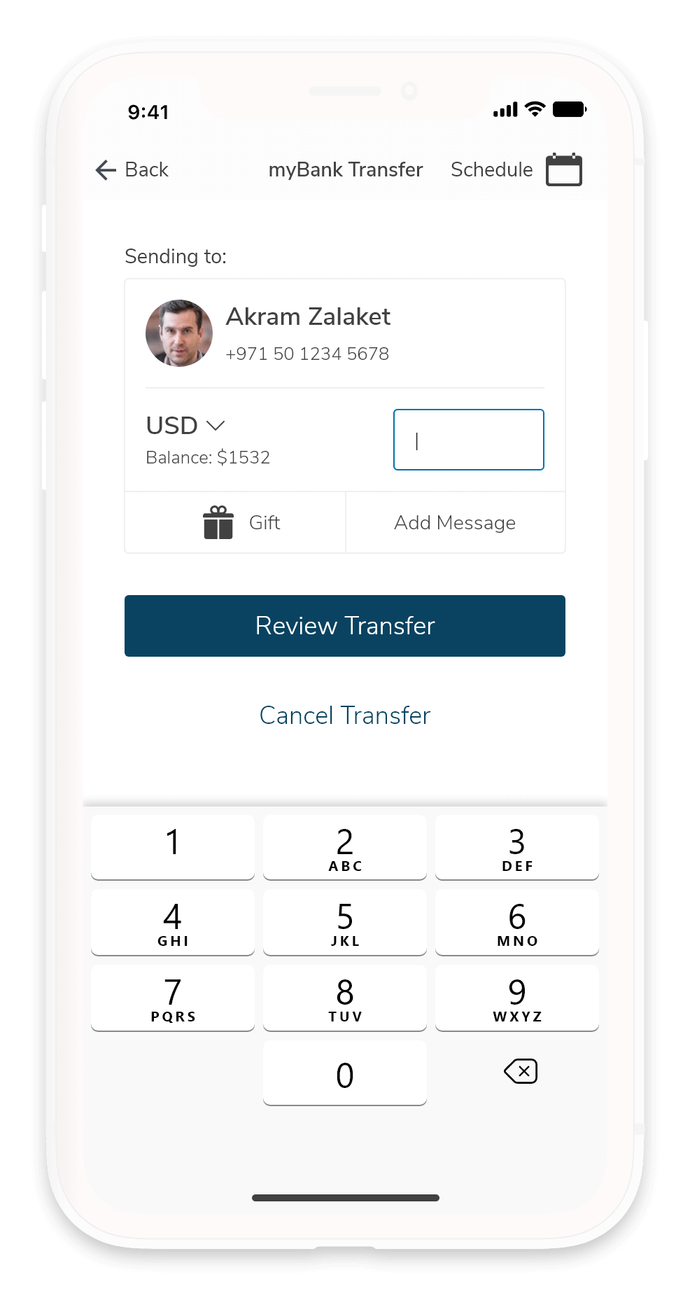 Screenshot of the send transfer page where a user can is entering an amount to send