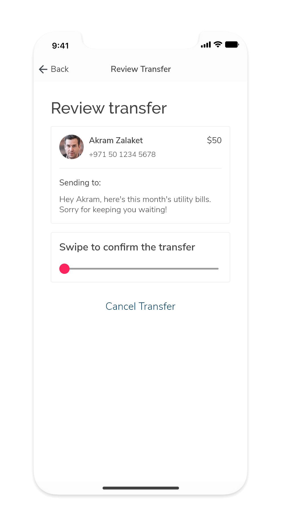 Screenshot of the review transfer page where a user is prompted to swipe to confirm his transfer.