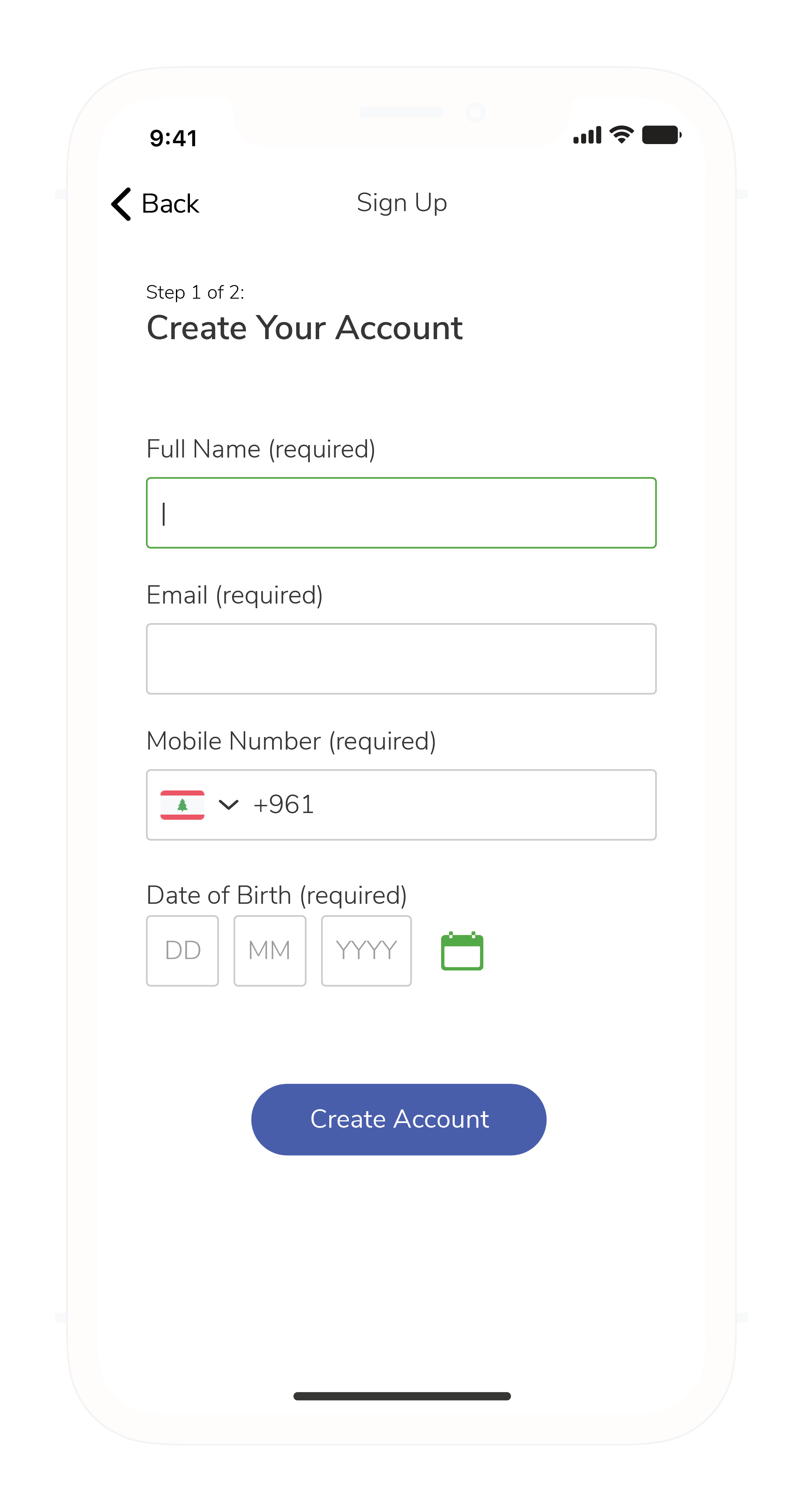 Screenshot of the registration process prototype in the account creation page