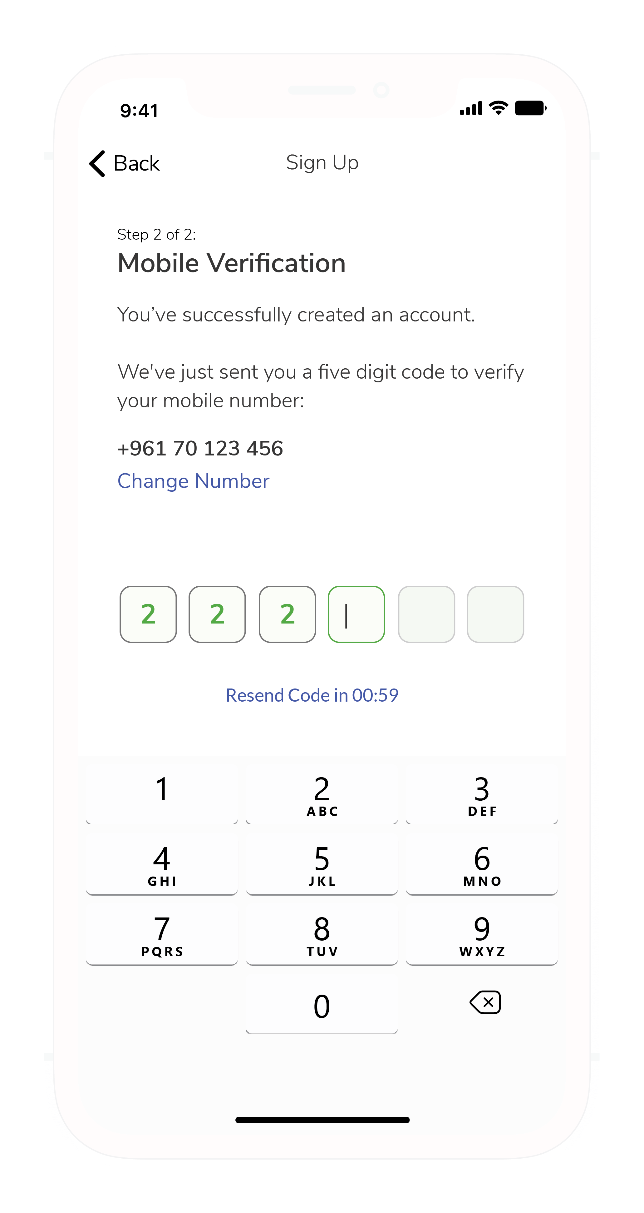 Screenshot of the registration process prototype in the OTP verification page