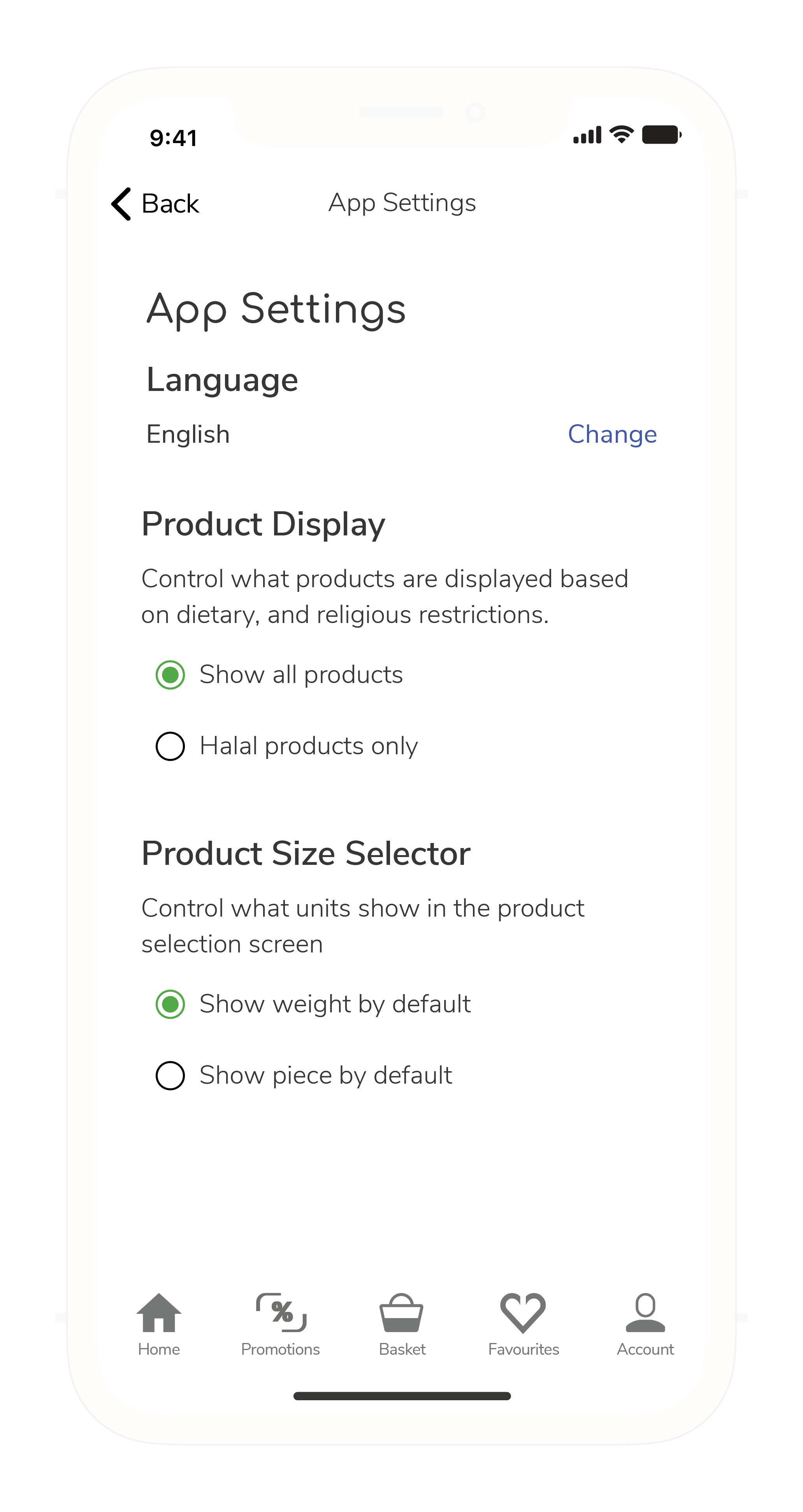Screenshot of the App Settings page showcasing the different types of orders a user can track between in-progress, delivered, and failed orders