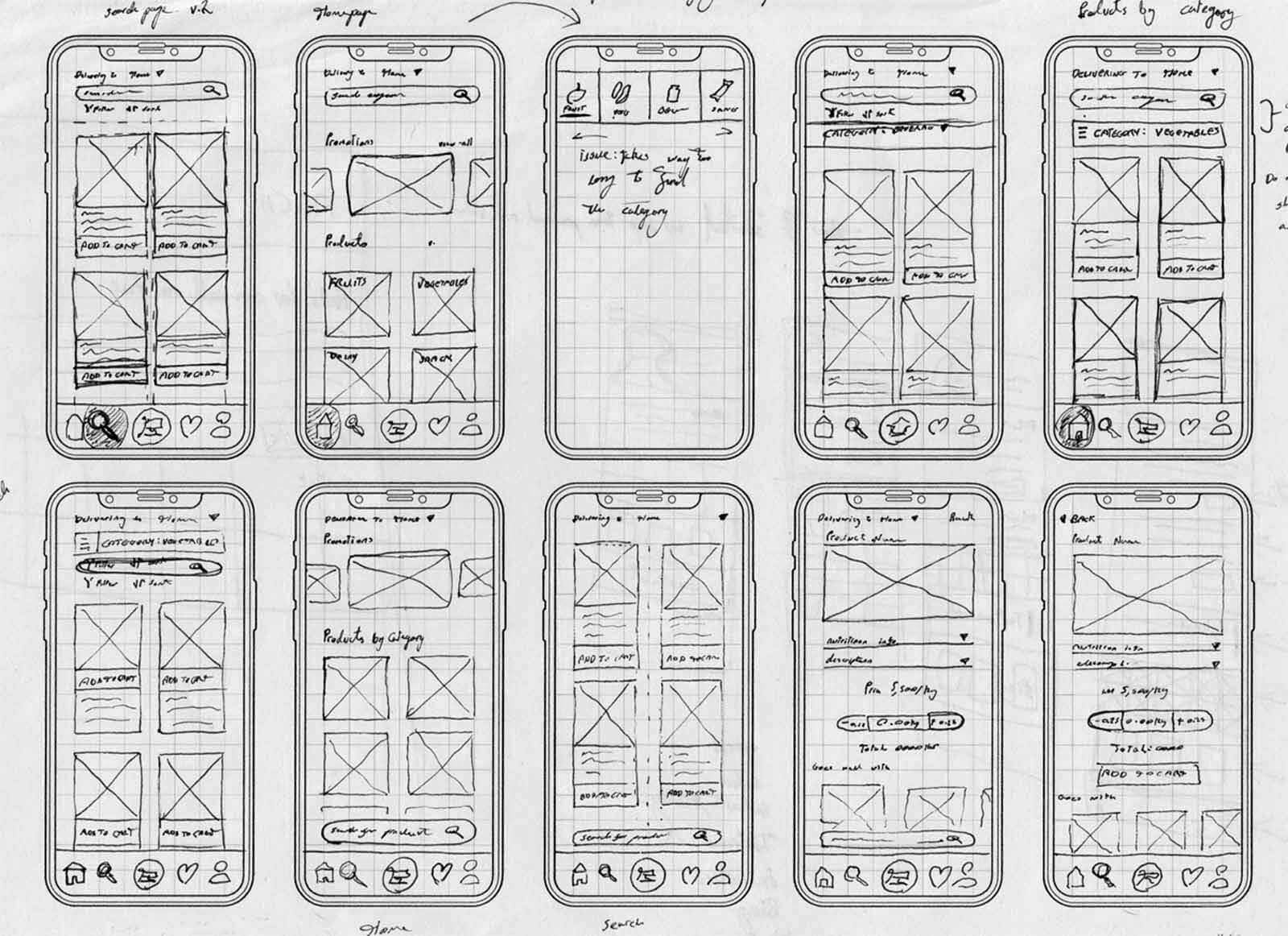 Initial UX wireframes experimenting with the navigation elements