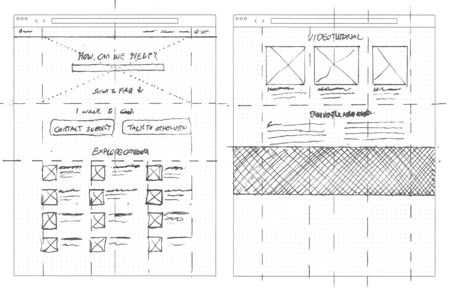 Wireframes showing the development of the interface on desktop and a much more refined drawing that clearly delineates the structure of how the homepage UX would develop