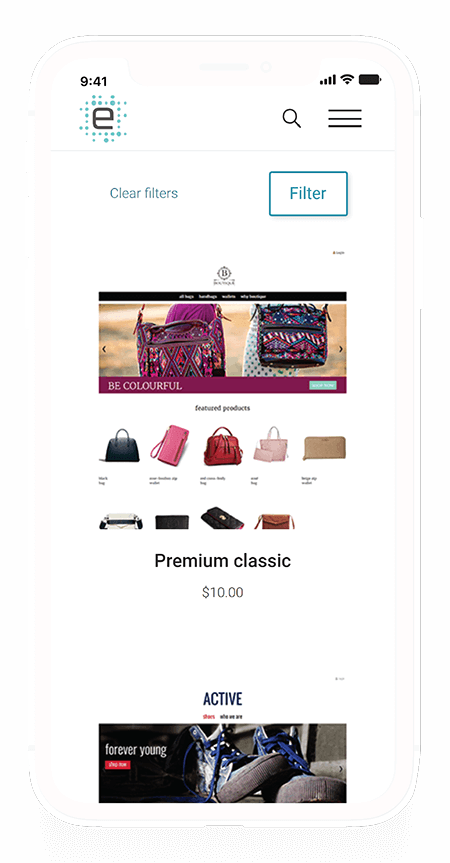 Image showcasing the theme store listing on mobile looking at one theme. Each product listing contains an image with the title and price underneath it.
