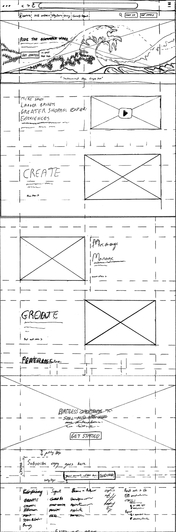 Wireframes showing further development of the interface and experimenting with possible image schemes such as a wave