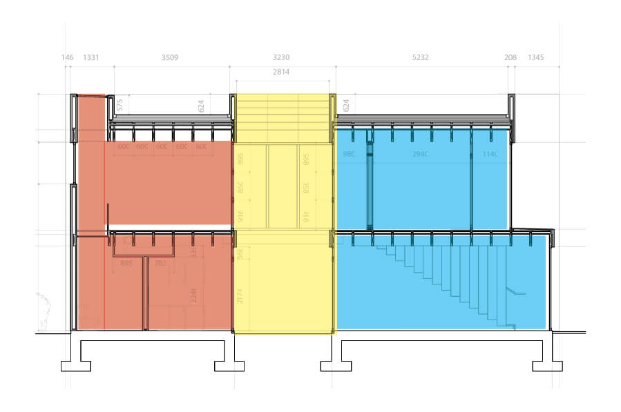 Diagram overlayed on the section showing interior, and exterior space flow