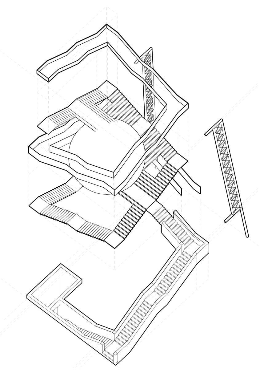 Exploded axonometric of the water tower