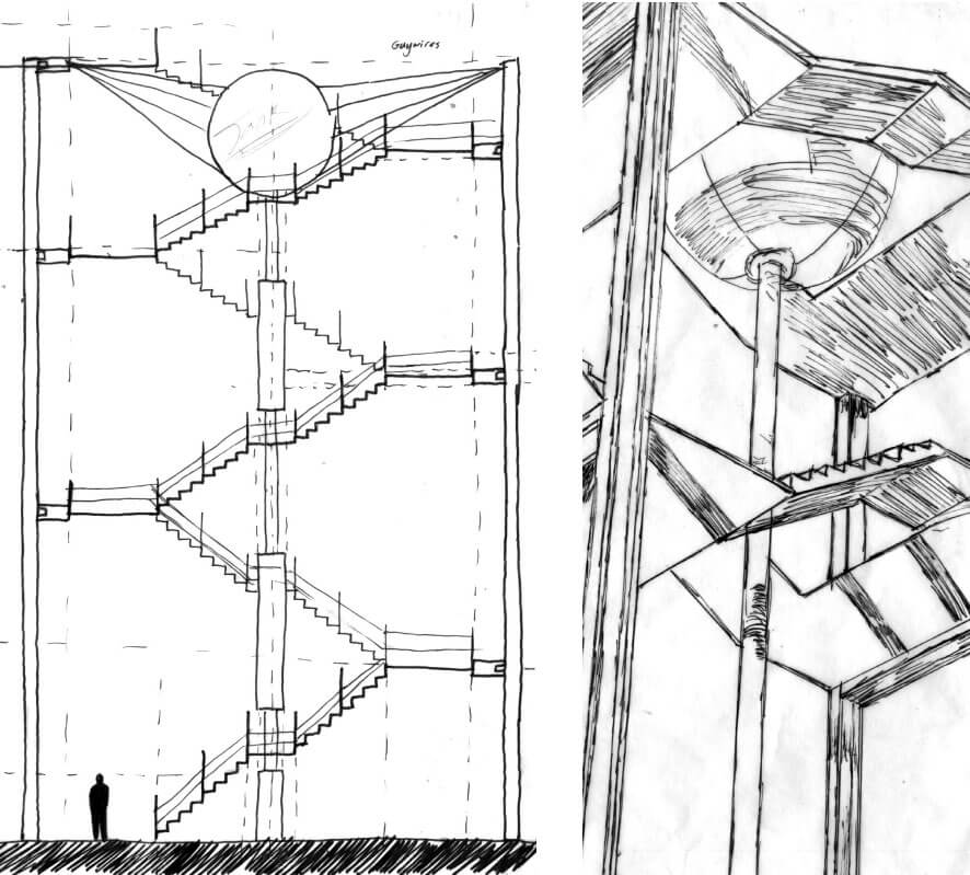 Hand drawn elevation and perspective of the initial design proposal