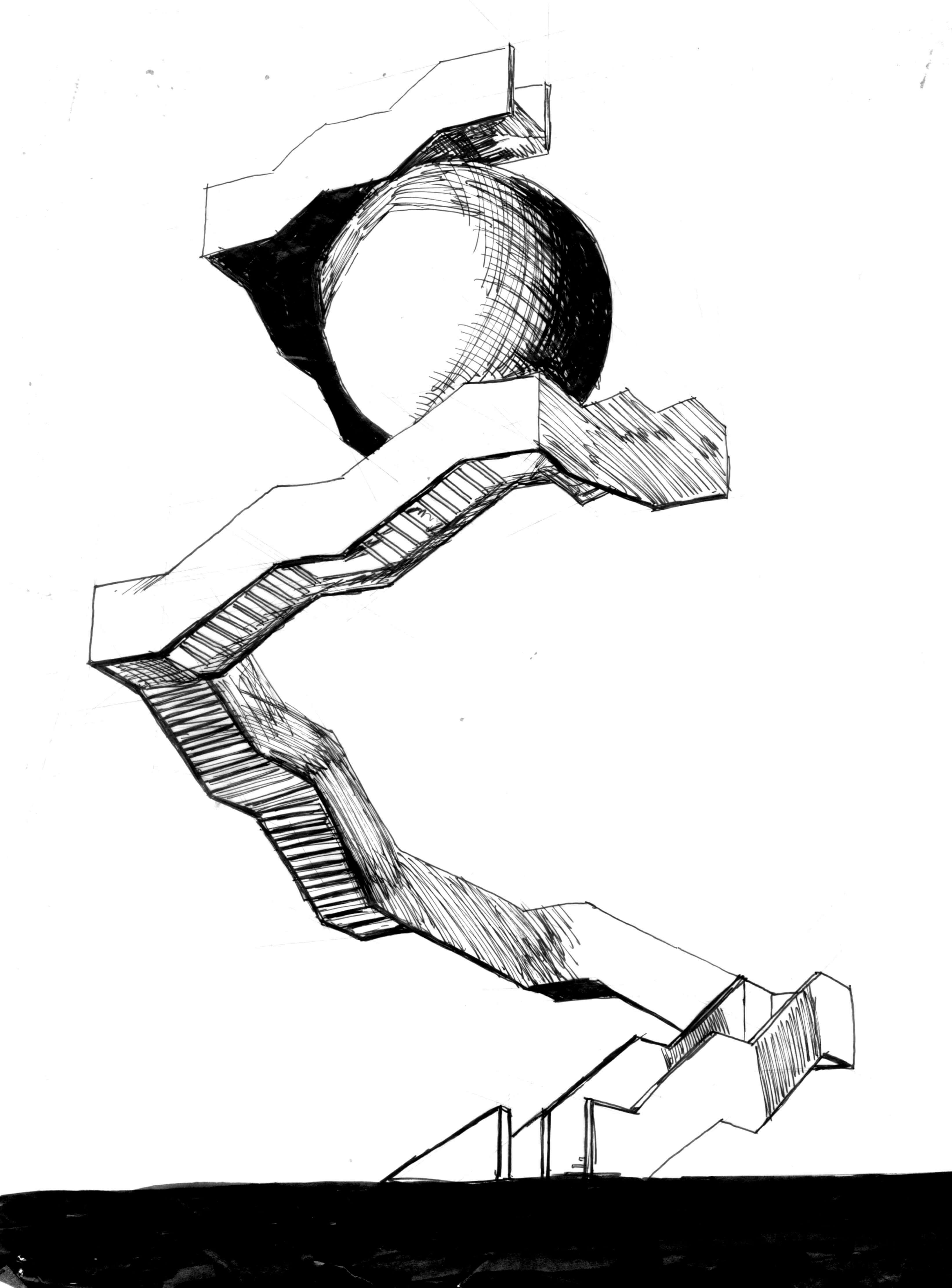 Hand drawn perspective of the initial design proposal without any vertical structure in it's ideal form