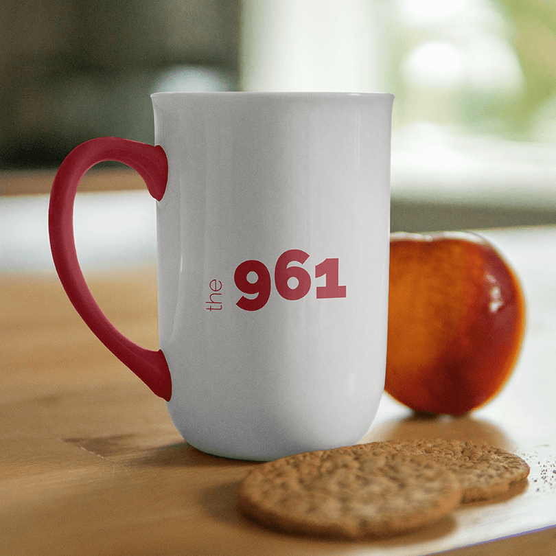 A mockup of the coloured logotype logo design on a mug