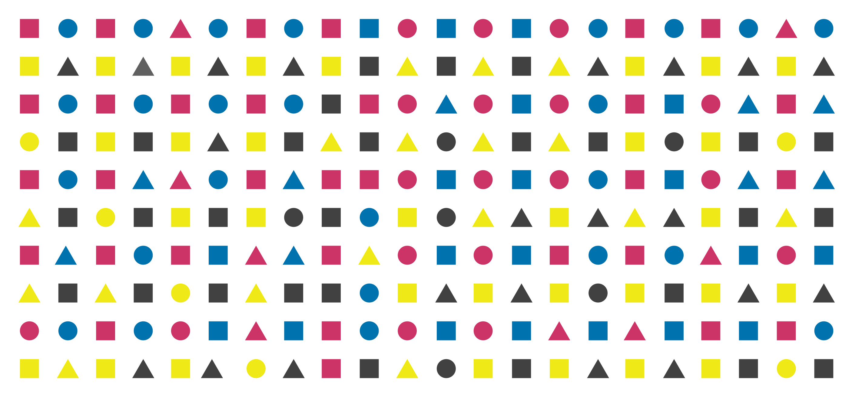 A series of squares, triangles, and circles with differing colours arranged randomly in a field.