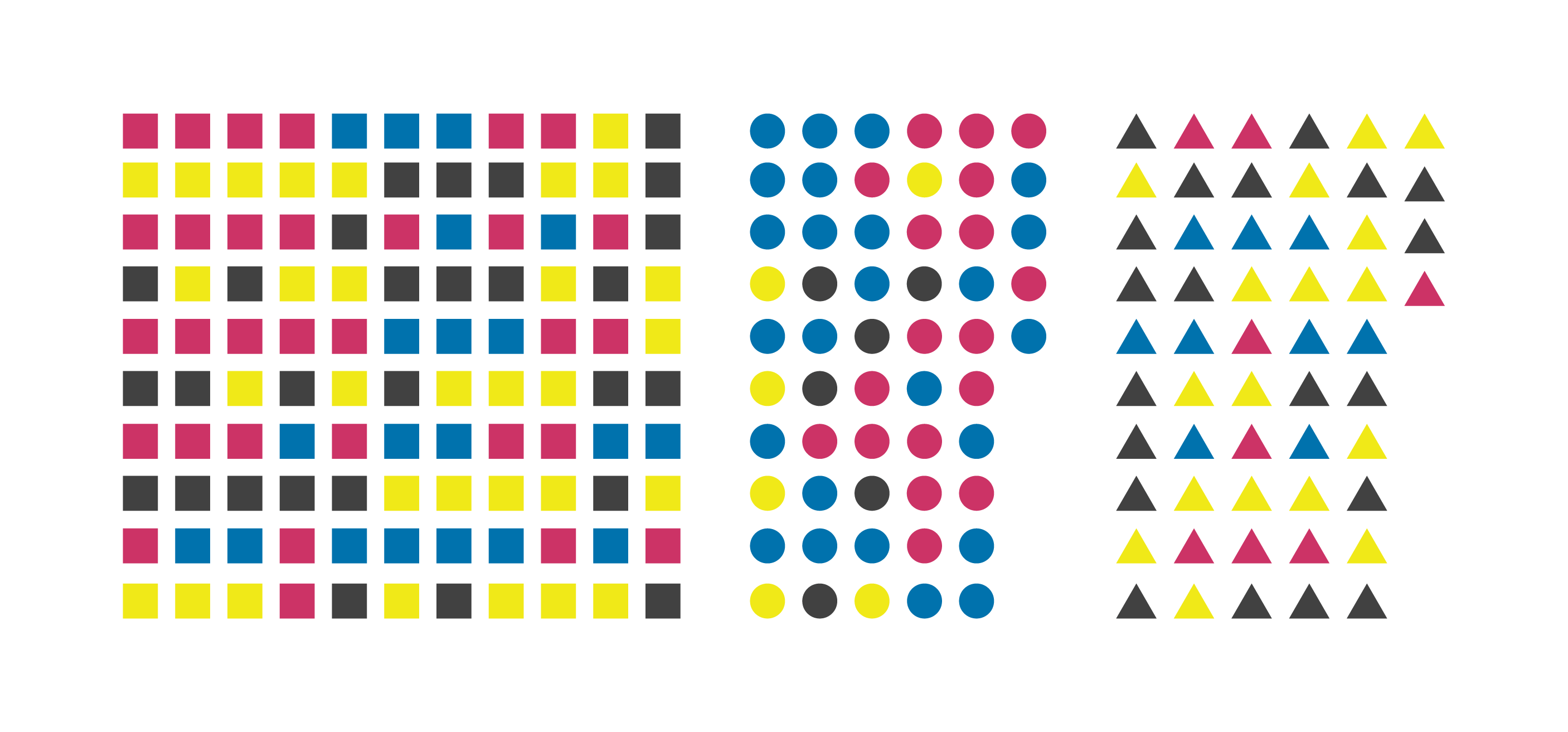 A series of squares, triangles, and circles with differing colours arranged in sets according to their shapes.