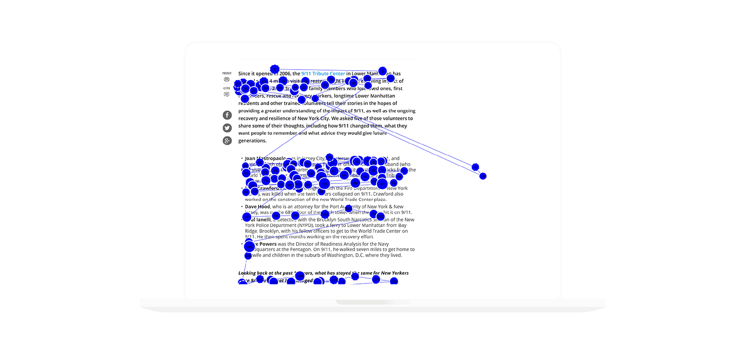 Image showing a Gaze plot with saccades that show where the eyes tend to focus on a page. Sourced from Nielsen Norman Group