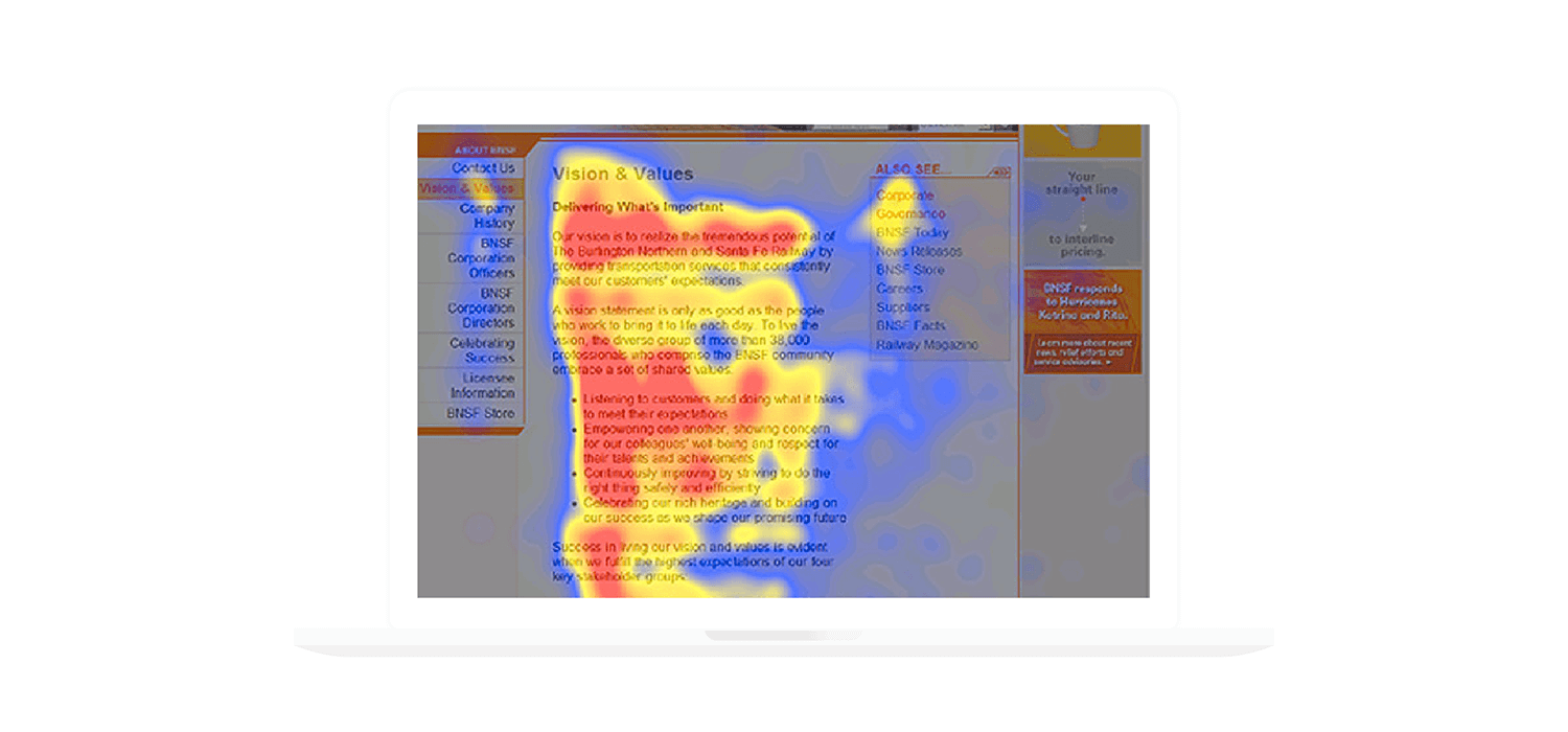 Image of a heat map showing a F shape pattern. Source: Unbounce